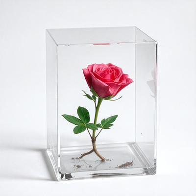 The primary subject of the image is a single pink rose in a glass case. The setting is a white background, and the visual style is a close-up of the rose in the glass case. The colors are predominantly pink, and the overall atmosphere is elegant and delicate.